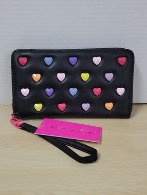 Betsey Johnson Black Wallet with Multicolored Heart Studs